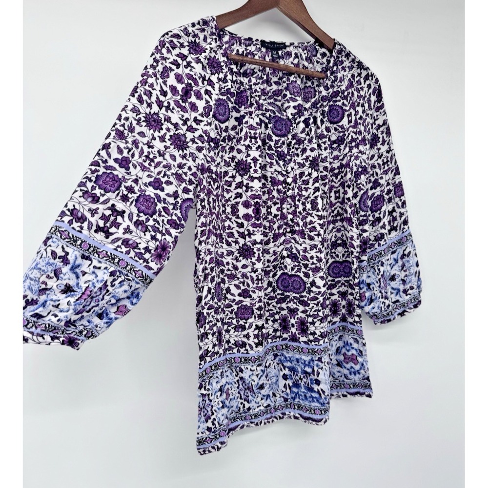 Willi Smith M Blouse White purple Floral design cottagecore boho peasant sleeve